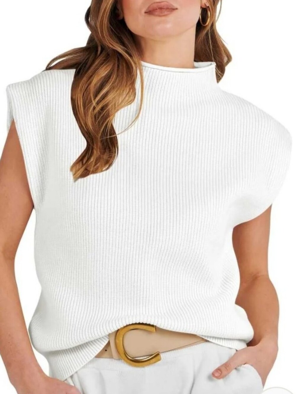 ANRABESS Mock Neck Sleeveless Sweater Vest White